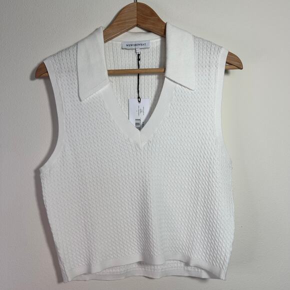 NWT WeWoreWhat Women's V-Neck Polo Tank Soft Knit Optic White Large Beach Summer - Picture 2 of 11